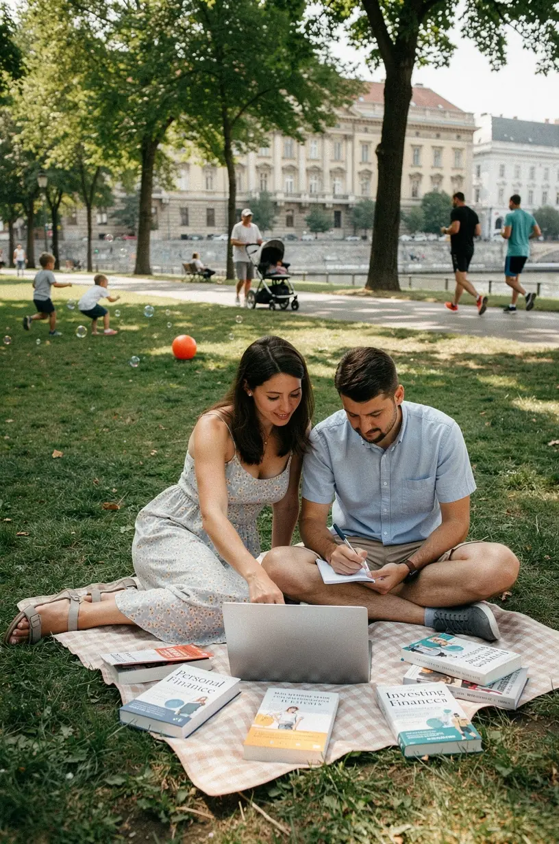 Fiatal pár otthon ülve áttekinti költségvetését, miközben egy szakértő online tanácsot ad.